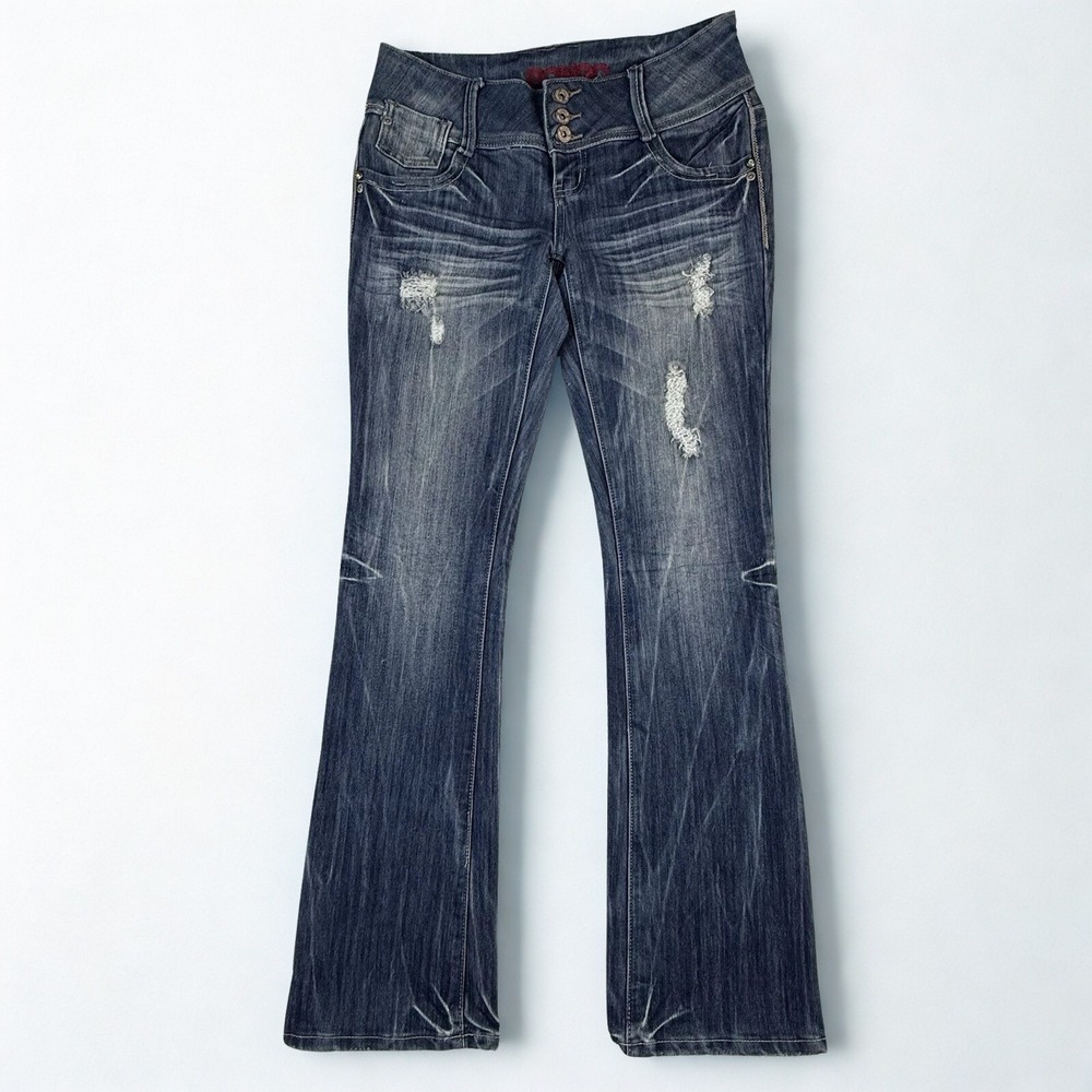 Y2K Low Rise Jeans Bongo 7 Blue Flare Distressed Rhinestone Pocket‎ 3-Button